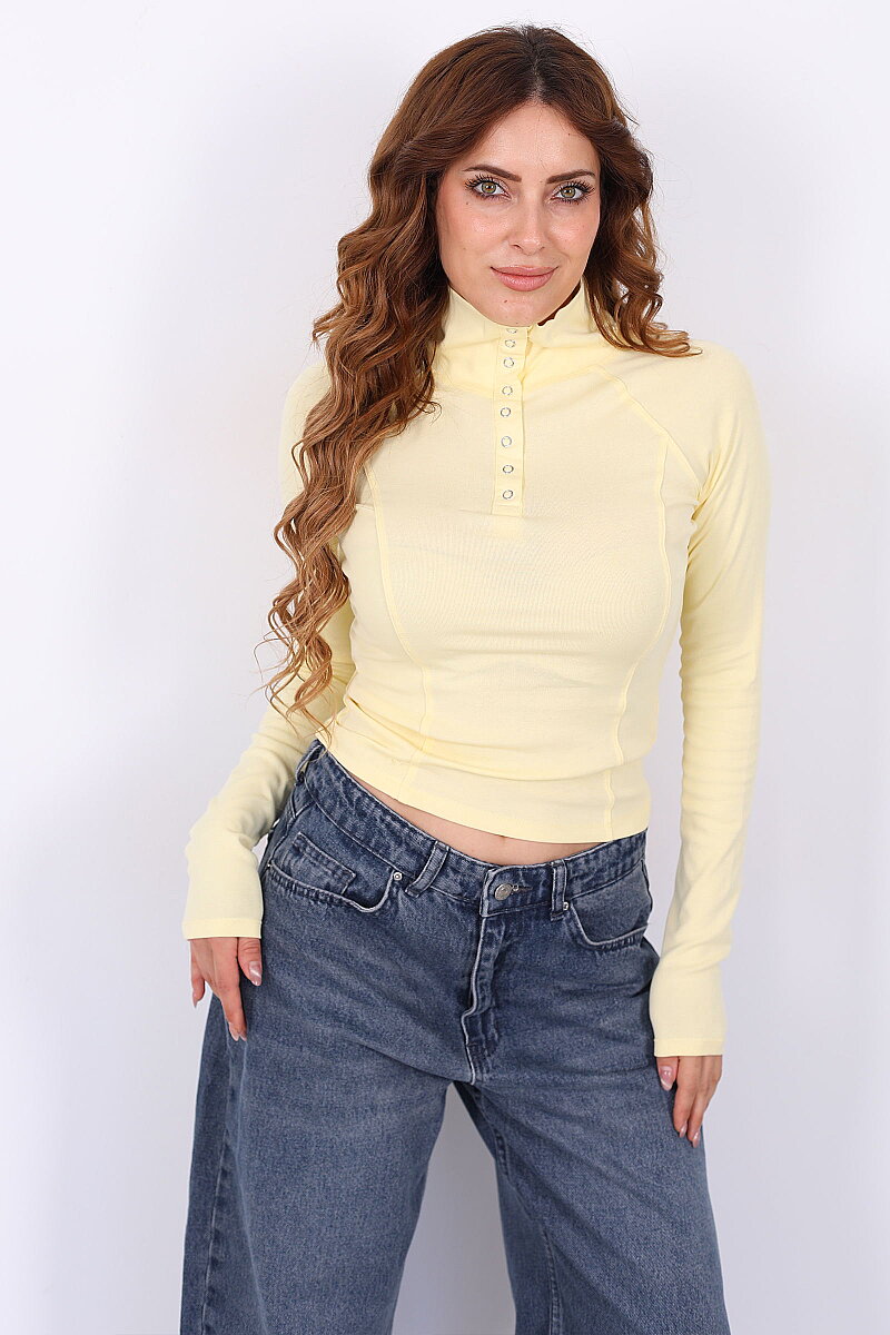 Pat Detaylı Dik Yaka Uzun Kol Sarı Kadın Body - 6