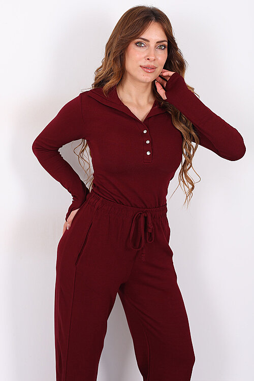 Pat Düğmeli Yakalı Bluz-Pantolon Bordo Kadın Fitilli Takım - 4