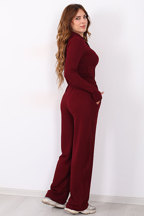 Pat Düğmeli Yakalı Bluz-Pantolon Bordo Kadın Fitilli Takım - 5