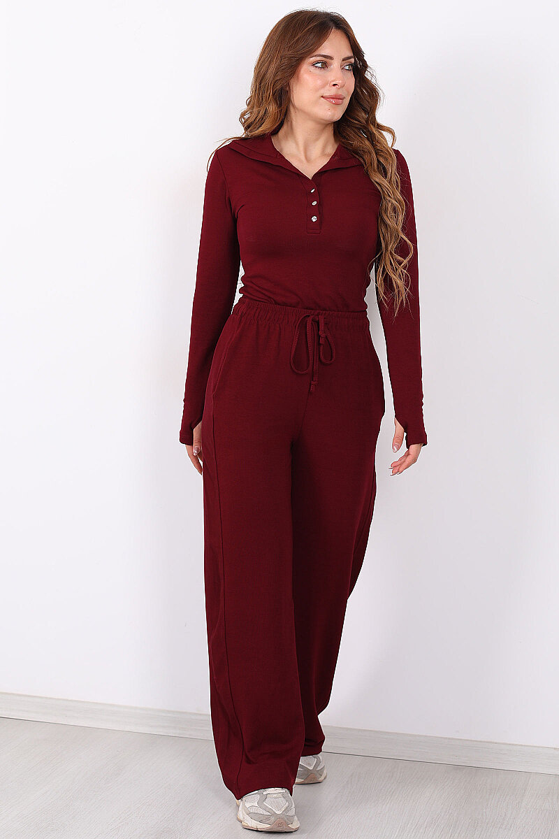 Pat Düğmeli Yakalı Bluz-Pantolon Bordo Kadın Fitilli Takım - 3