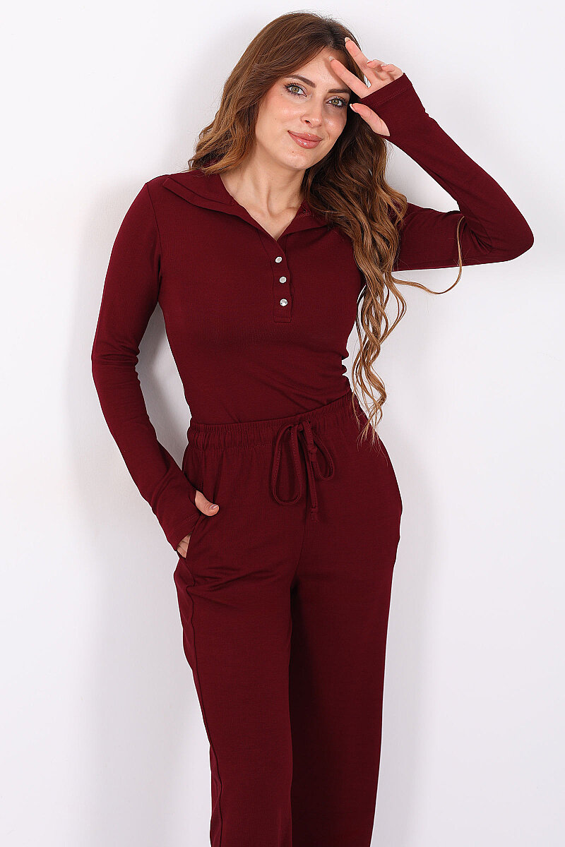 Pat Düğmeli Yakalı Bluz-Pantolon Bordo Kadın Fitilli Takım - 1