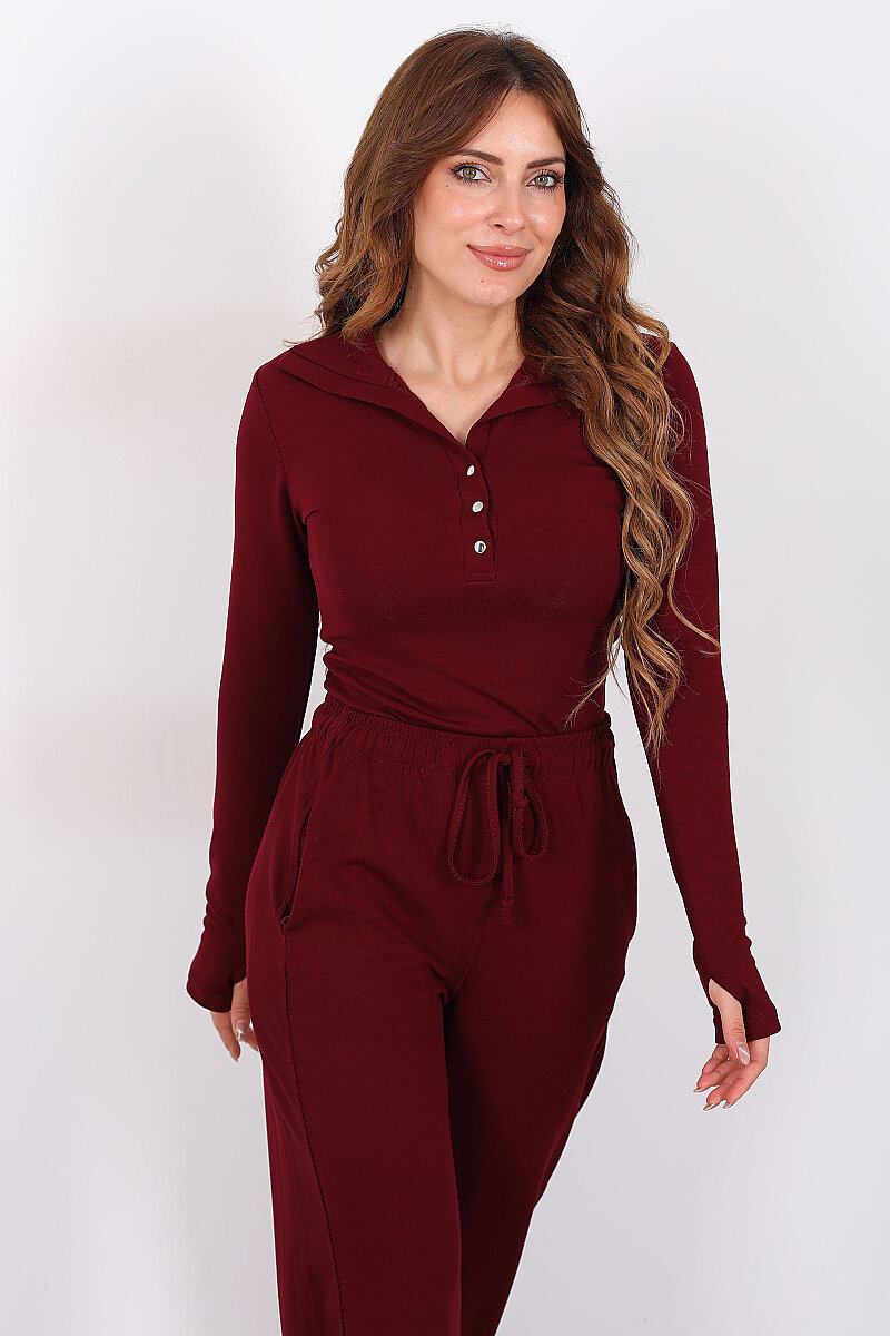 Pat Düğmeli Yakalı Bluz-Pantolon Bordo Kadın Fitilli Takım - 6