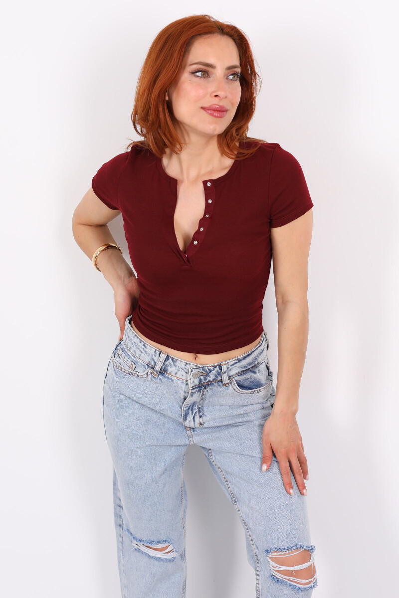 Patlı Kısa Kol Bordo Kadın Basic Bluz - 3
