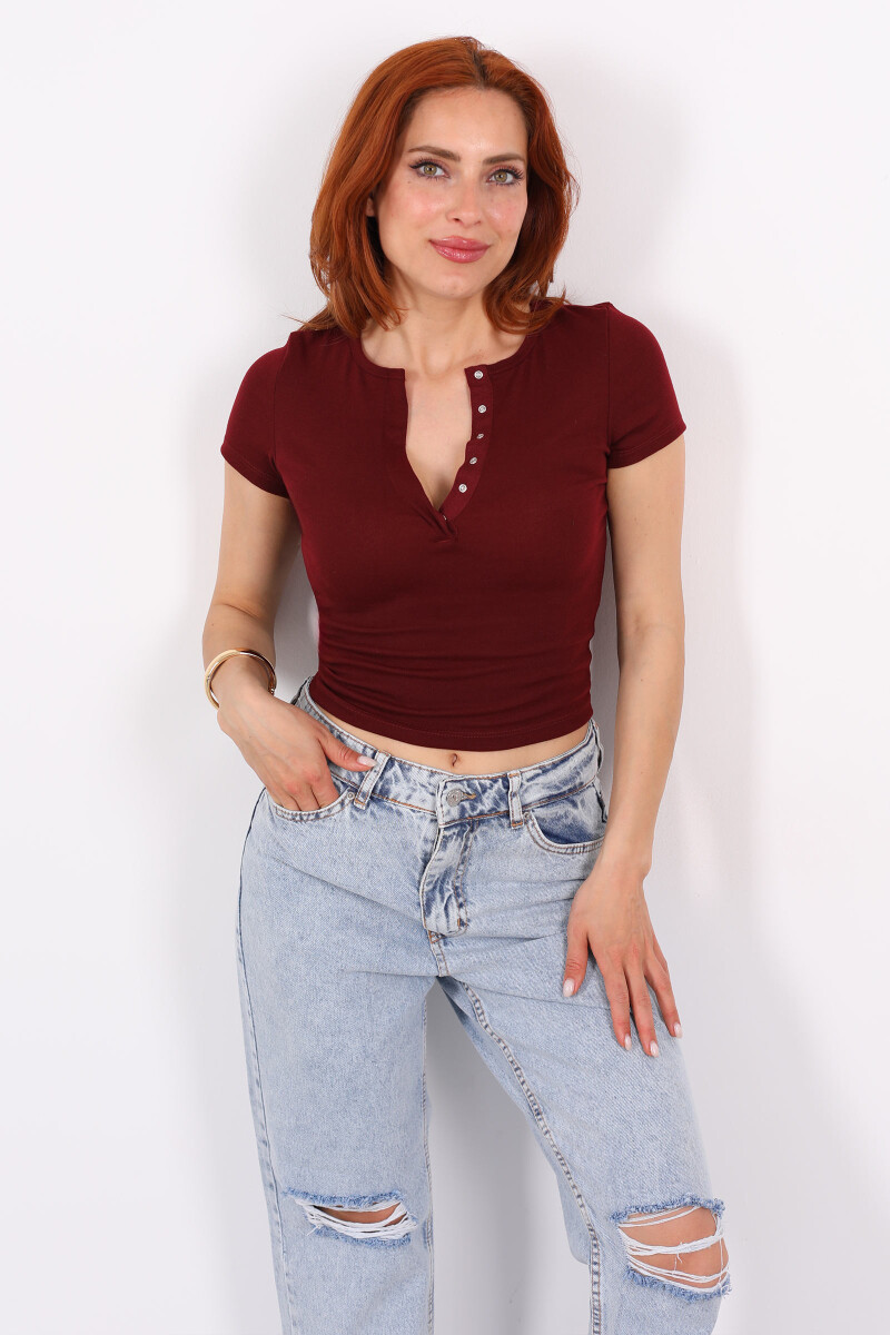 Patlı Kısa Kol Bordo Kadın Basic Bluz - 1