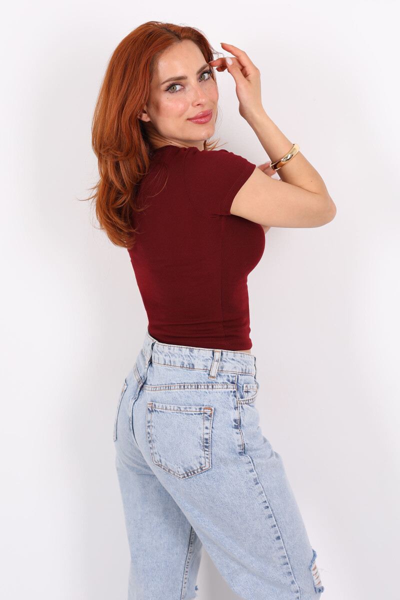Patlı Kısa Kol Bordo Kadın Basic Bluz - 4