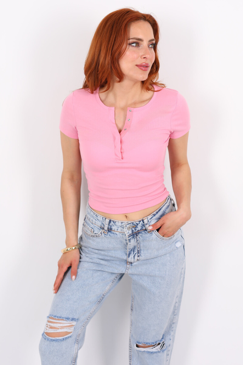 Patlı Kısa Kol Pembe Kadın Basic Bluz - 3
