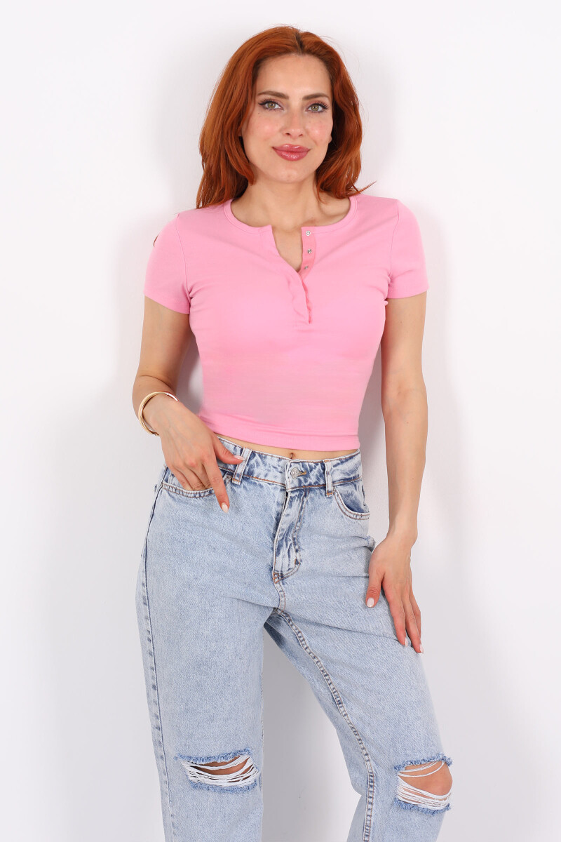 Patlı Kısa Kol Pembe Kadın Basic Bluz - 4