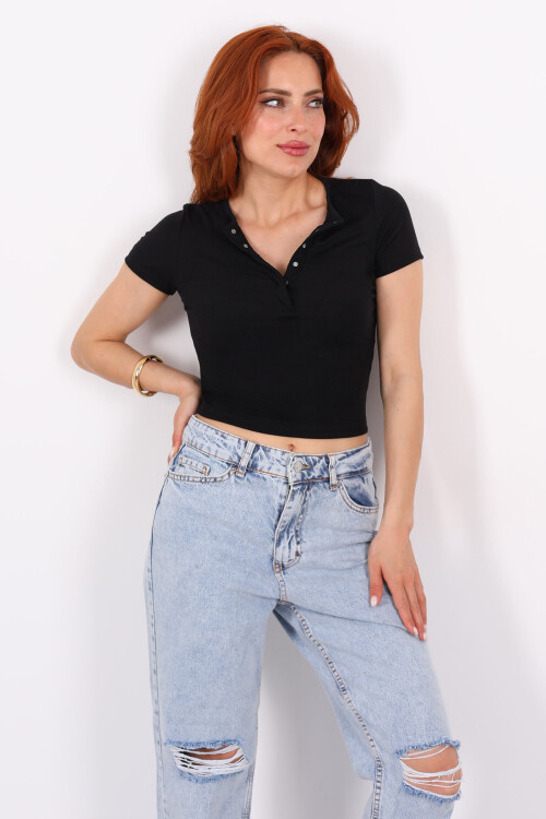 Patlı Kısa Kol Siyah Kadın Basic Bluz 