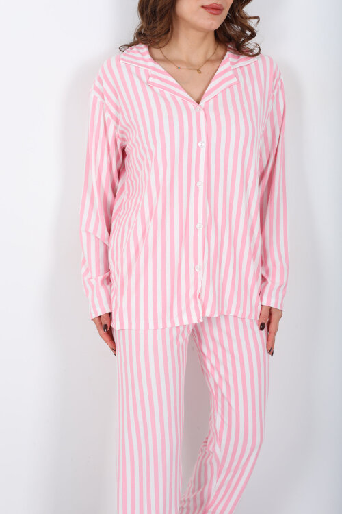 Pembe Çizgili Beyaz Kadın Gömlek Pijama Takım - Berox (1)