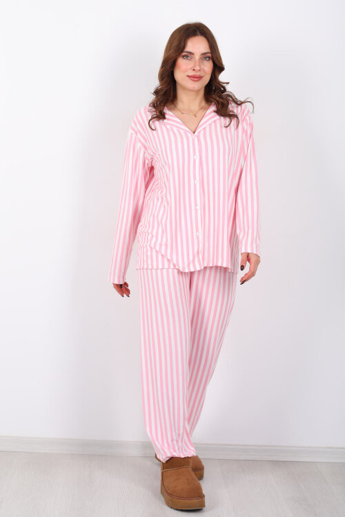 Pembe Çizgili Beyaz Kadın Gömlek Pijama Takım - 5