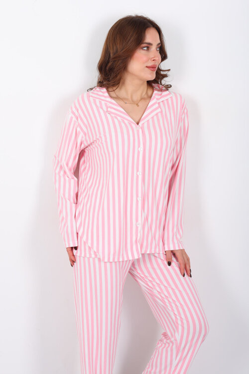 Pembe Çizgili Beyaz Kadın Gömlek Pijama Takım - Berox