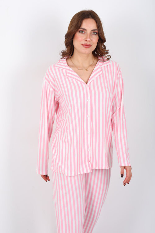 Pembe Çizgili Beyaz Kadın Gömlek Pijama Takım - 7