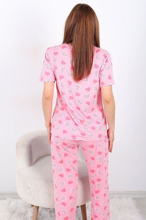 Pembe Kalp Desenli Bisiklet Yaka Pembe Kadın Pijama Takımı - 6