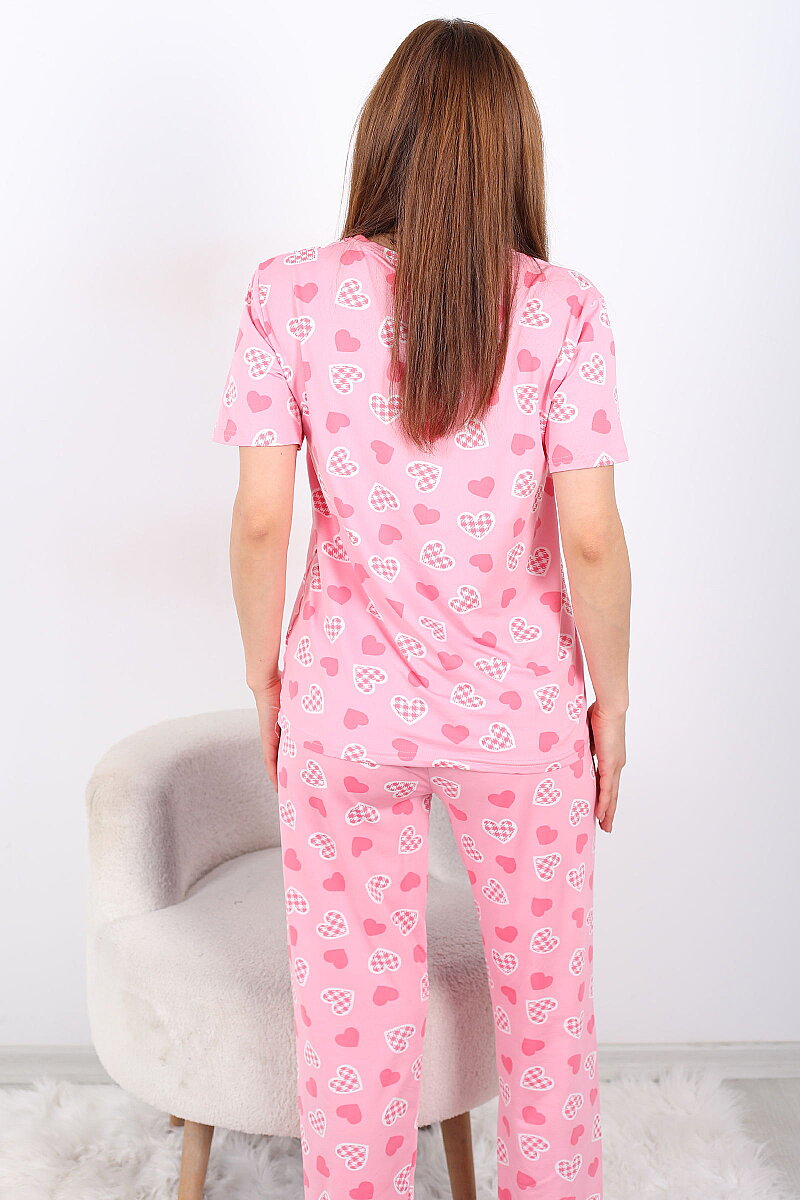 Pembe Kalp Desenli Bisiklet Yaka Pembe Kadın Pijama Takımı - 6
