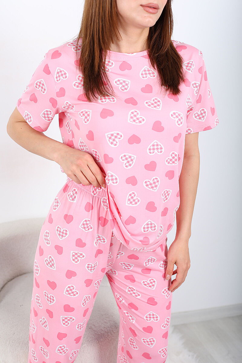 Pembe Kalp Desenli Bisiklet Yaka Pembe Kadın Pijama Takımı - 2