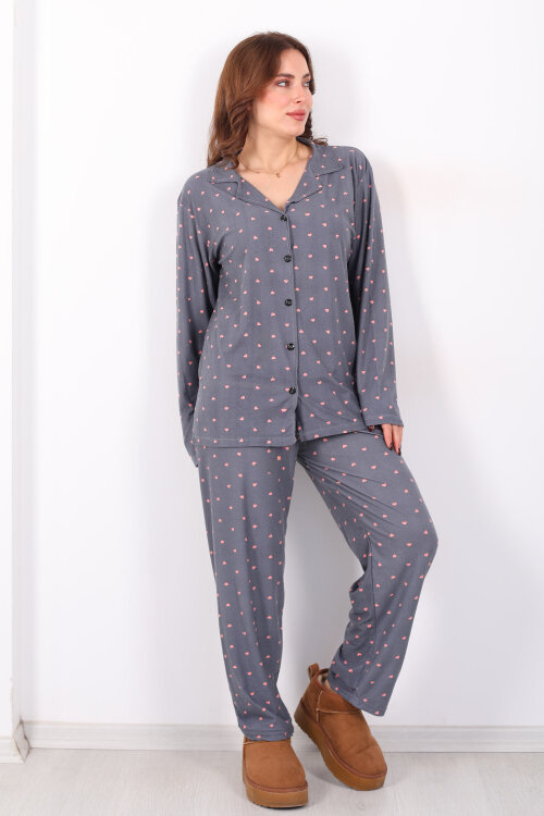 Pembe Kalp Detaylı Füme Kadın Gömlek Pijama Takım - 3