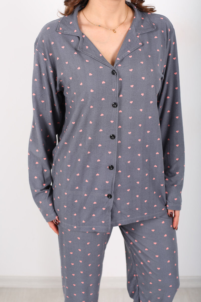 Pembe Kalp Detaylı Füme Kadın Gömlek Pijama Takım - 2