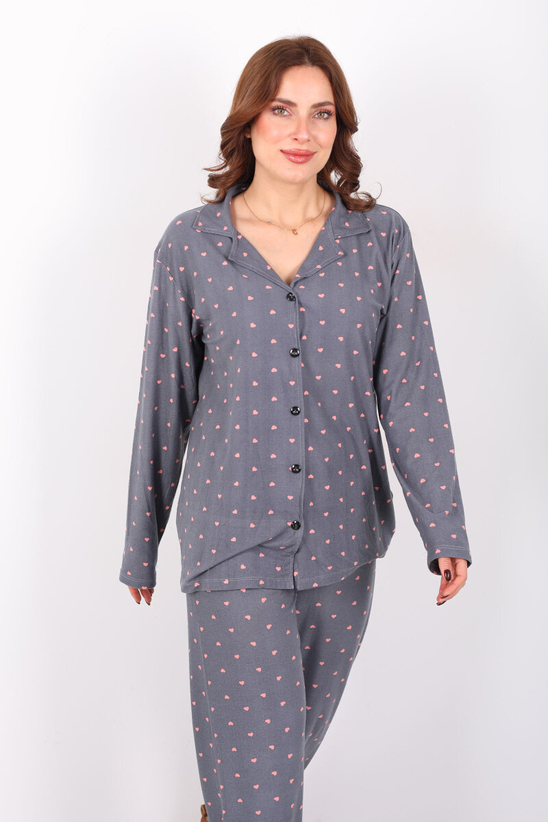 Pembe Kalp Detaylı Füme Kadın Gömlek Pijama Takım - 4