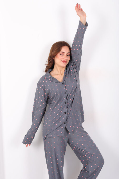 Pembe Kalp Detaylı Füme Kadın Gömlek Pijama Takım - Berox