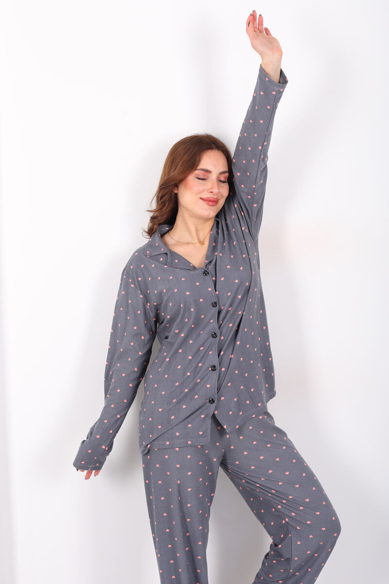 Pembe Kalp Detaylı Füme Kadın Gömlek Pijama Takım - 1