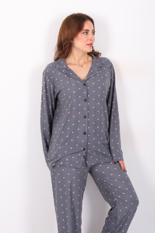 Pembe Kalp Detaylı Füme Kadın Gömlek Pijama Takım - 7