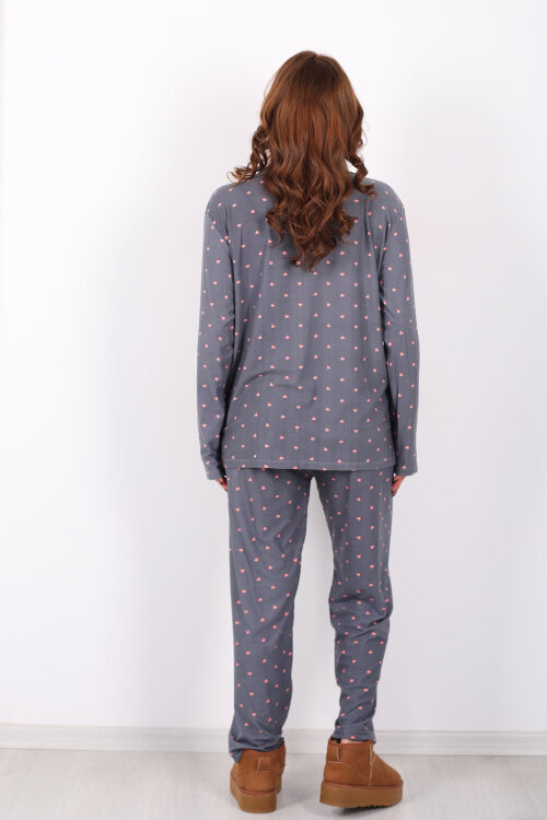 Pembe Kalp Detaylı Füme Kadın Gömlek Pijama Takım - 6