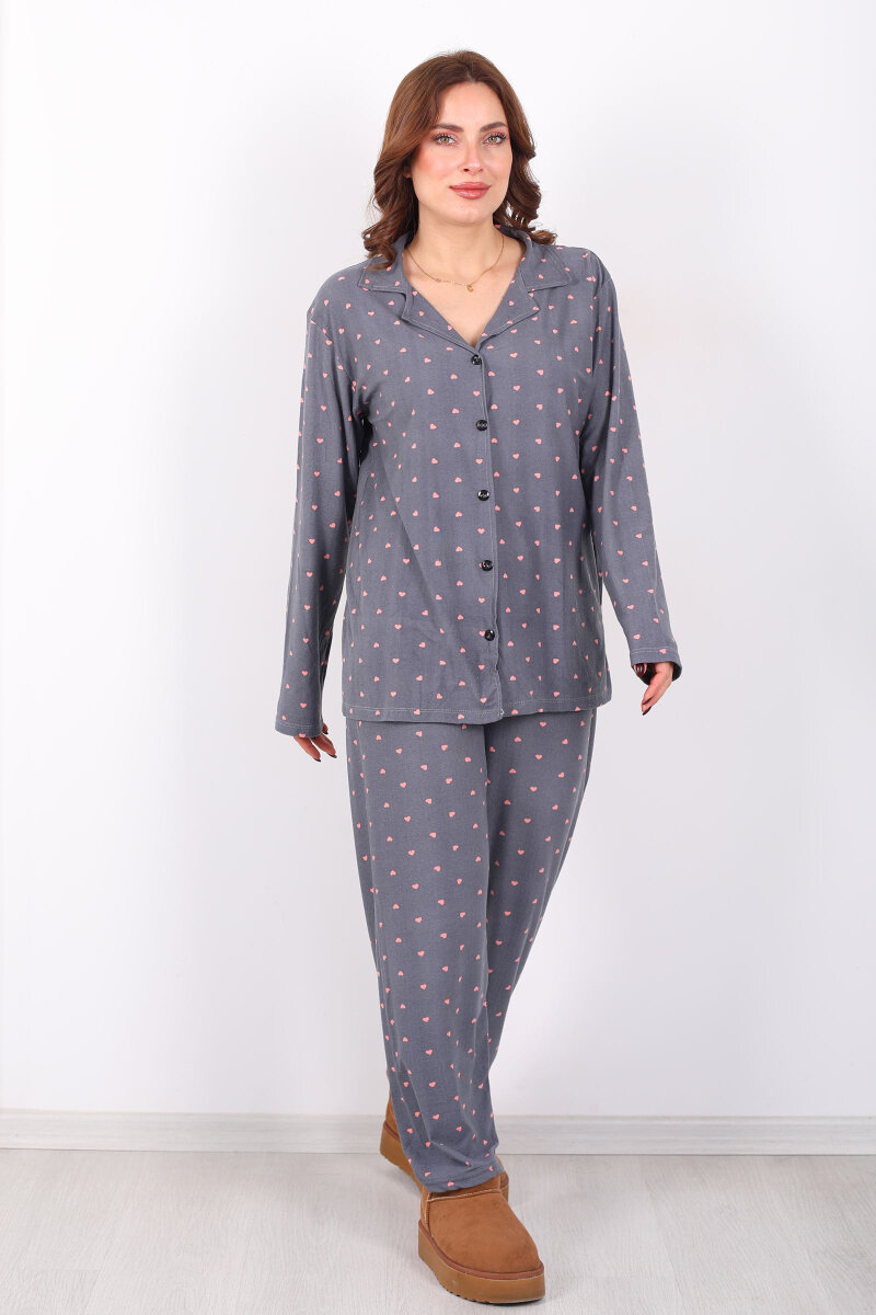 Pembe Kalp Detaylı Füme Kadın Gömlek Pijama Takım - 5