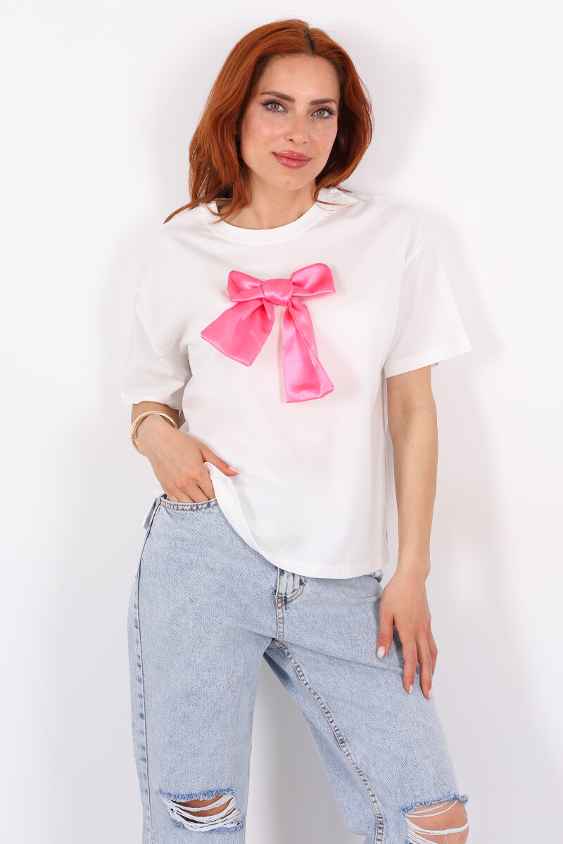 Pembe Kurdeleli Bisiklet Yaka Oversize Kadın T-Shirt - 1