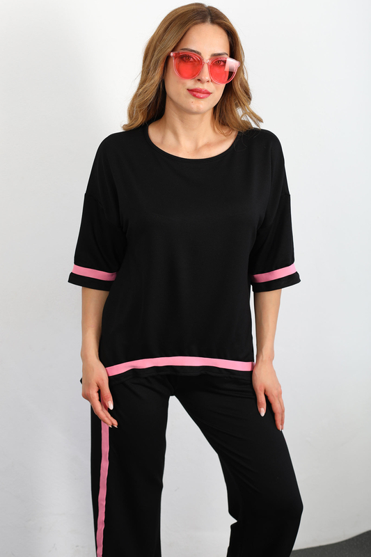 Pembe Şeritli Siyah Kadın Penye Takım - 2