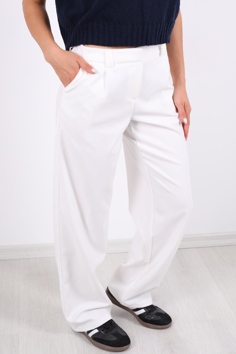 Pileli Beyaz Kadın Kumaş Pantolon - 2