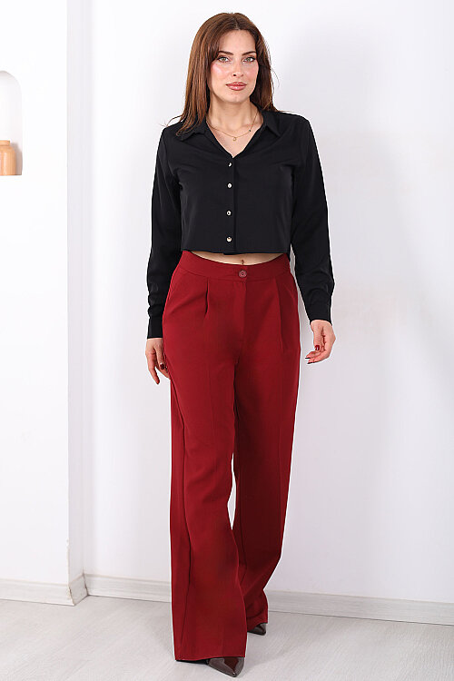 Pileli Bol Paça Düğmeli Kadın Bordo Pantolon - 6