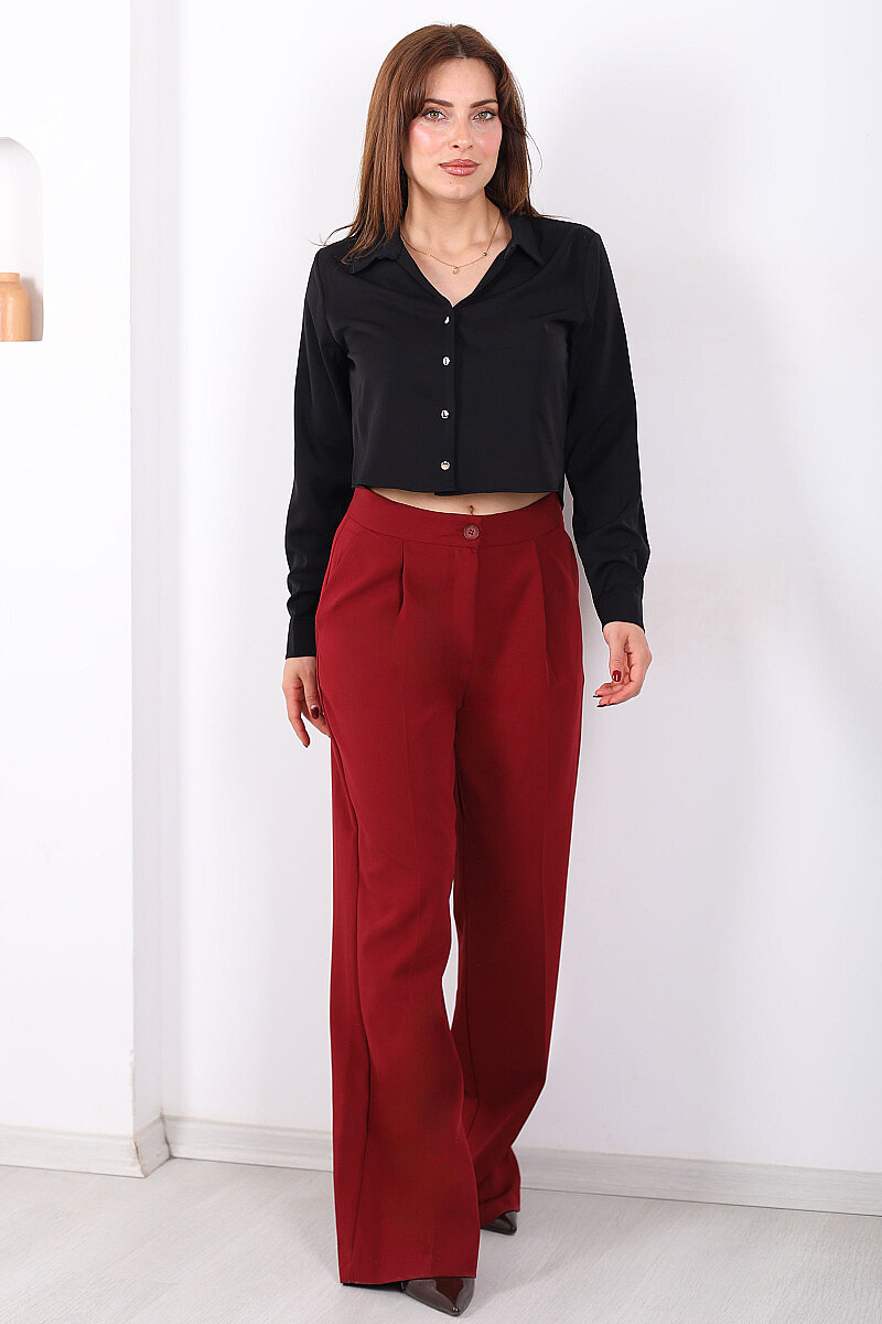 Pileli Bol Paça Düğmeli Kadın Bordo Pantolon - 6