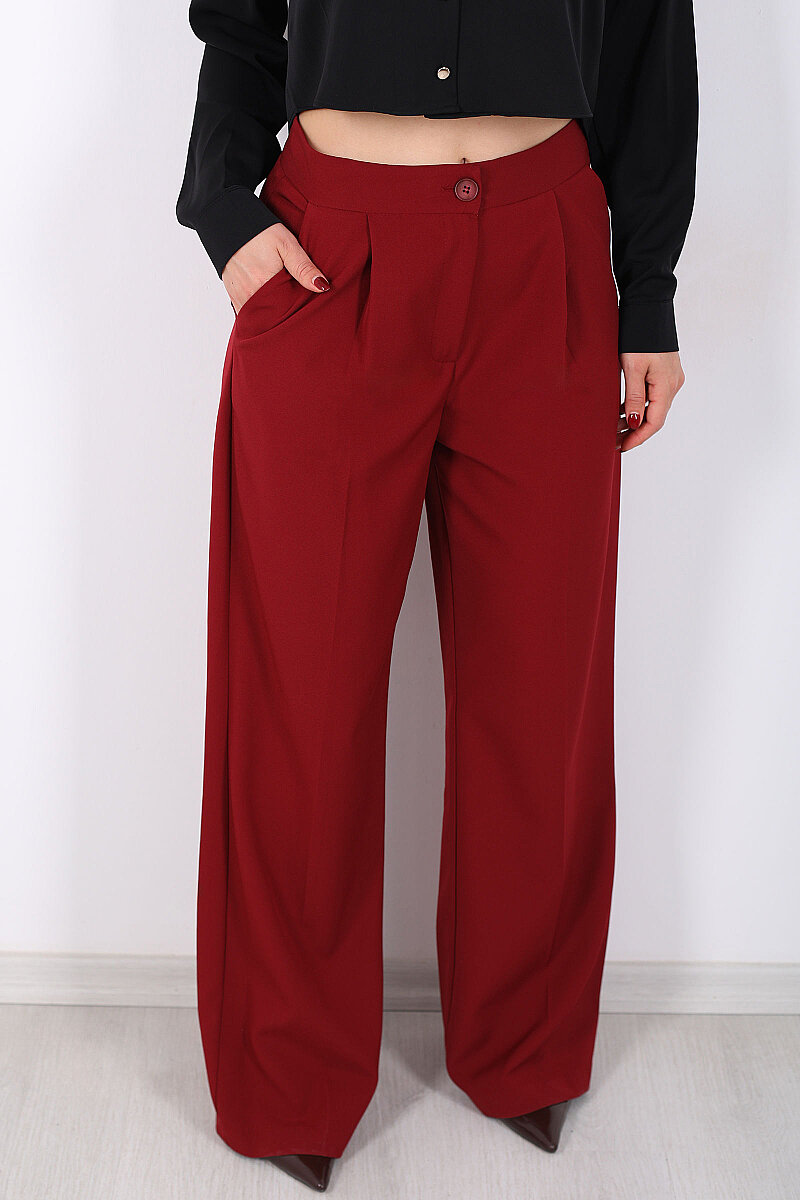 Pileli Bol Paça Düğmeli Kadın Bordo Pantolon - 2