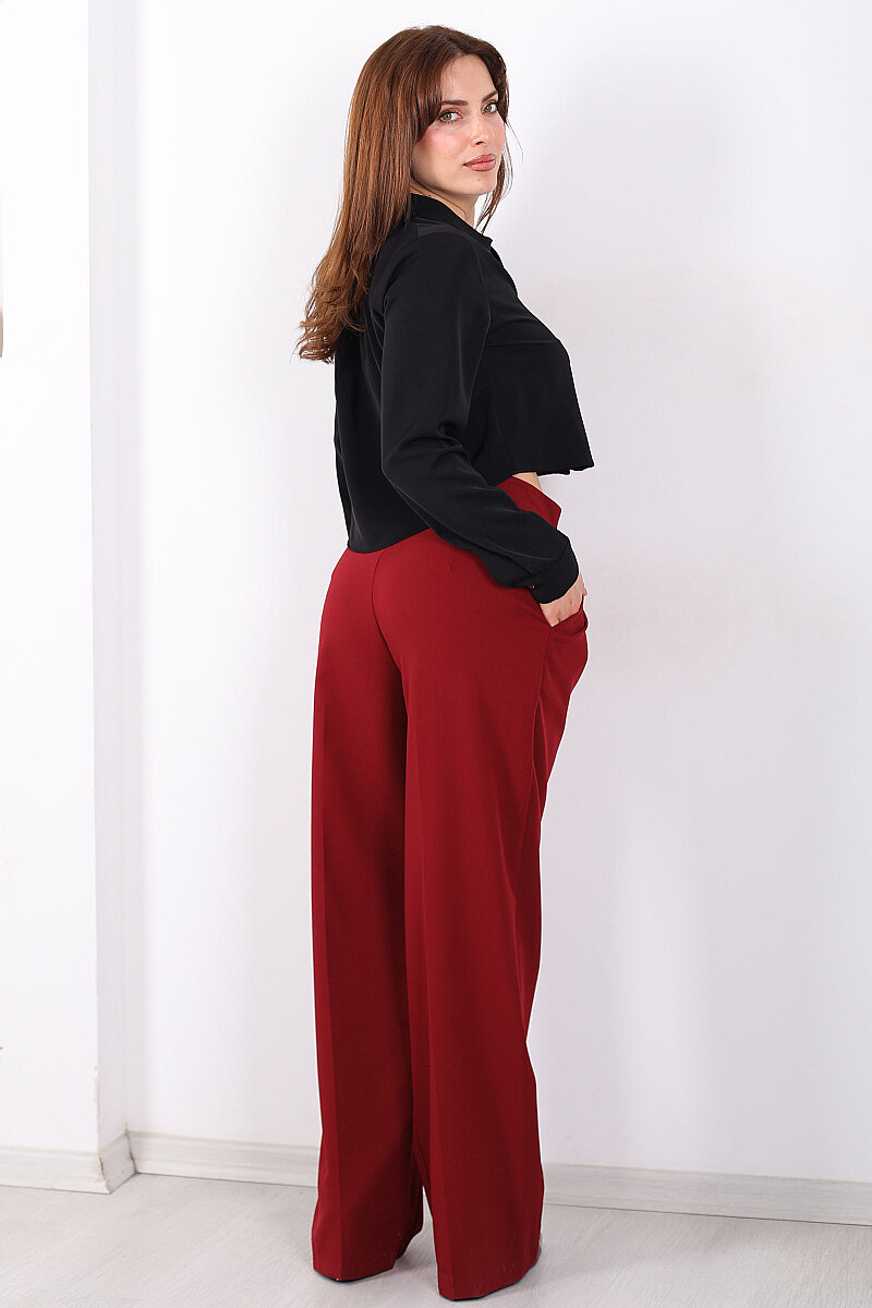 Pileli Bol Paça Düğmeli Kadın Bordo Pantolon - 5