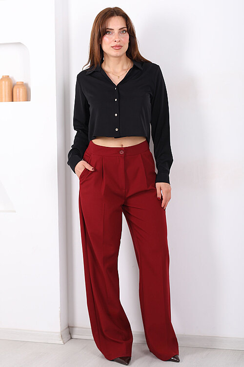 Pileli Bol Paça Düğmeli Kadın Bordo Pantolon - 4