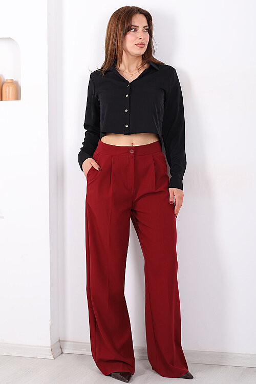 Pileli Bol Paça Düğmeli Kadın Bordo Pantolon - Berox
