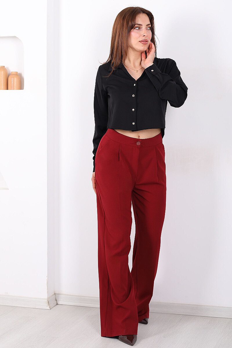 Pileli Bol Paça Düğmeli Kadın Bordo Pantolon - 3