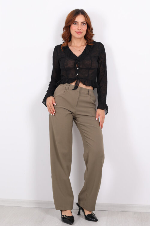 Pileli Haki Kadın Kumaş Pantolon - 3