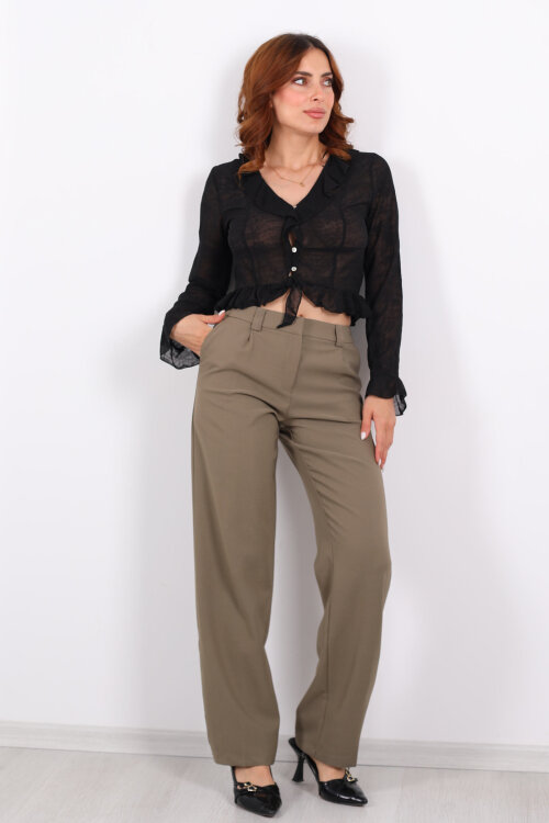Pileli Haki Kadın Kumaş Pantolon - 5