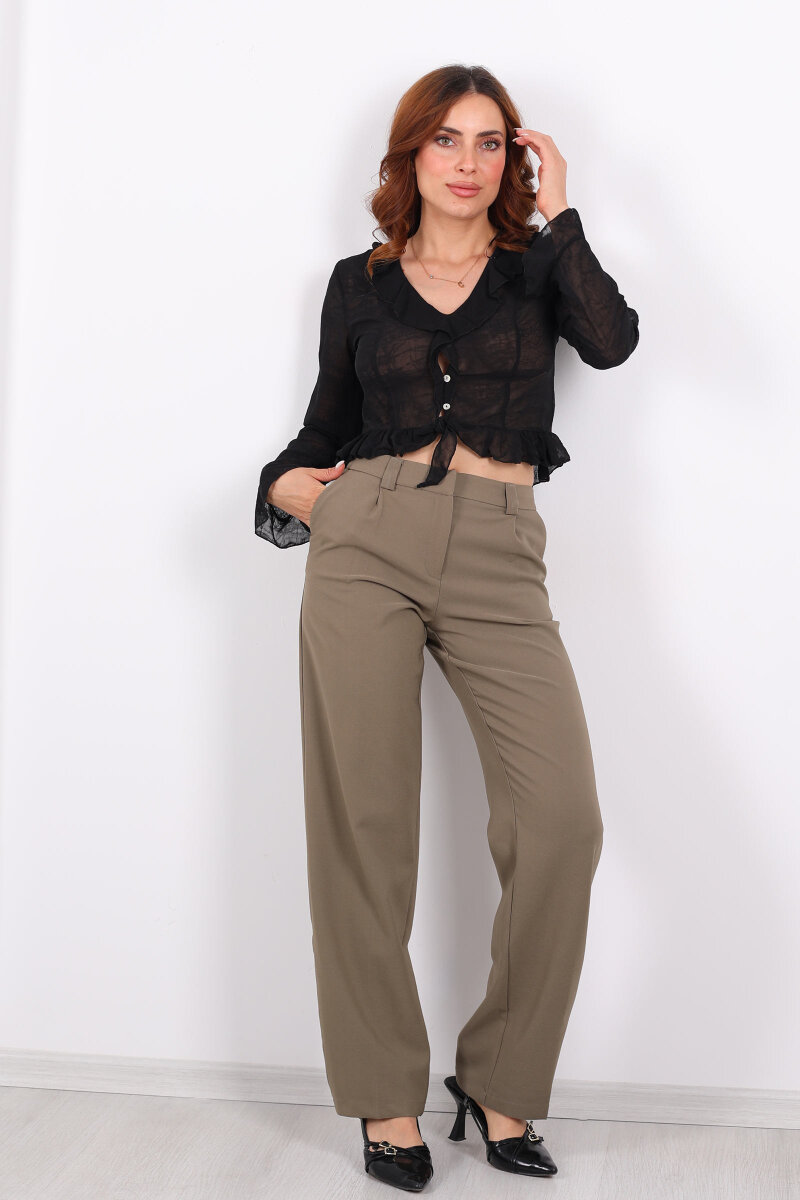 Pileli Haki Kadın Kumaş Pantolon - 1