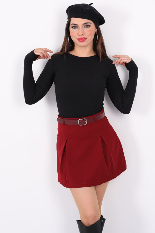 Pileli Kemerli Bordo Mini Kadın Etek - 5