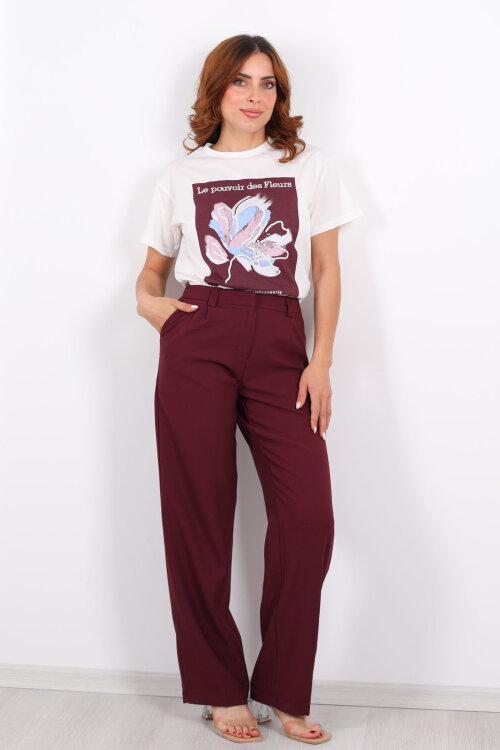 Pileli Mürdüm Kadın Kumaş Pantolon - 6