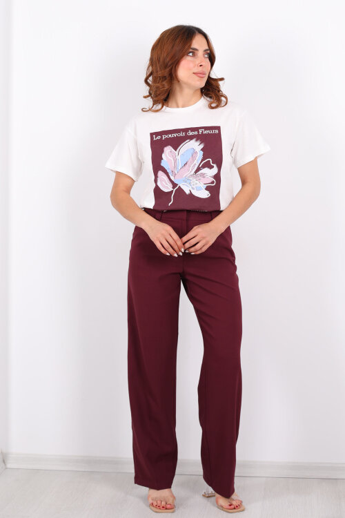 Pileli Mürdüm Kadın Kumaş Pantolon - 4