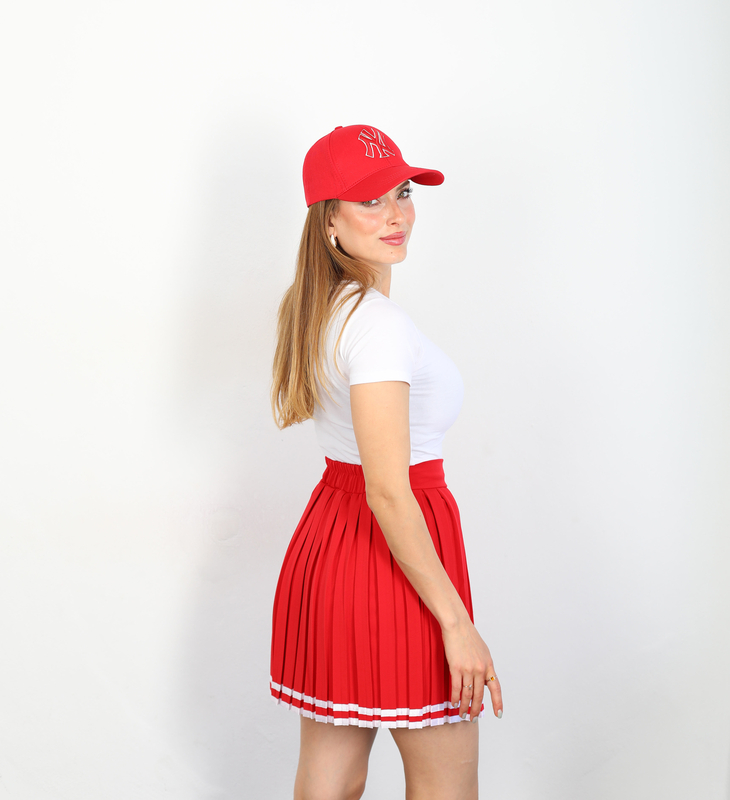 Pileli Şeritli Şortlu Kırmızı Kadın Tenis Etek - 4