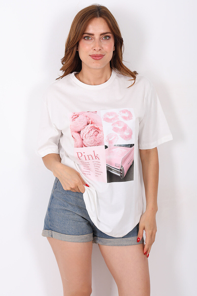 'Pink' Baskılı Oversize Ekru Kadın T-Shirt - 5