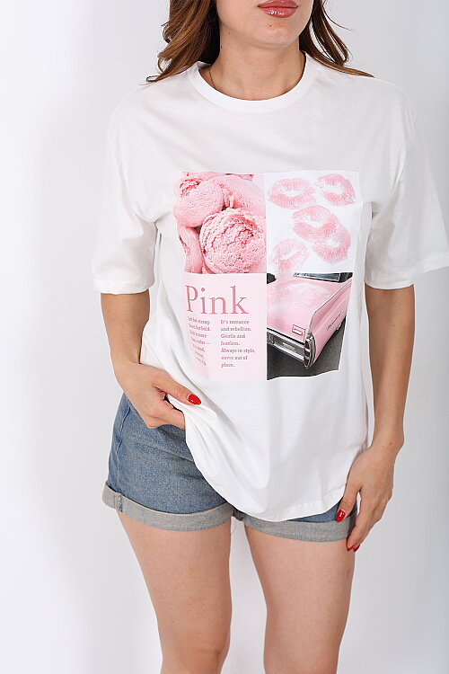 'Pink' Baskılı Oversize Ekru Kadın T-Shirt - Berox (1)