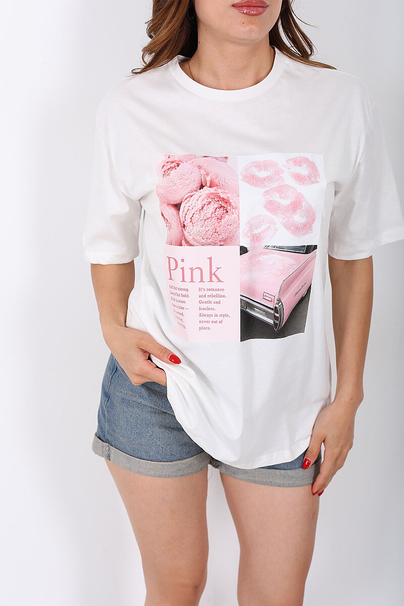 'Pink' Baskılı Oversize Ekru Kadın T-Shirt - 2