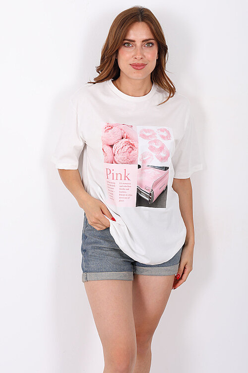 'Pink' Baskılı Oversize Ekru Kadın T-Shirt - Berox