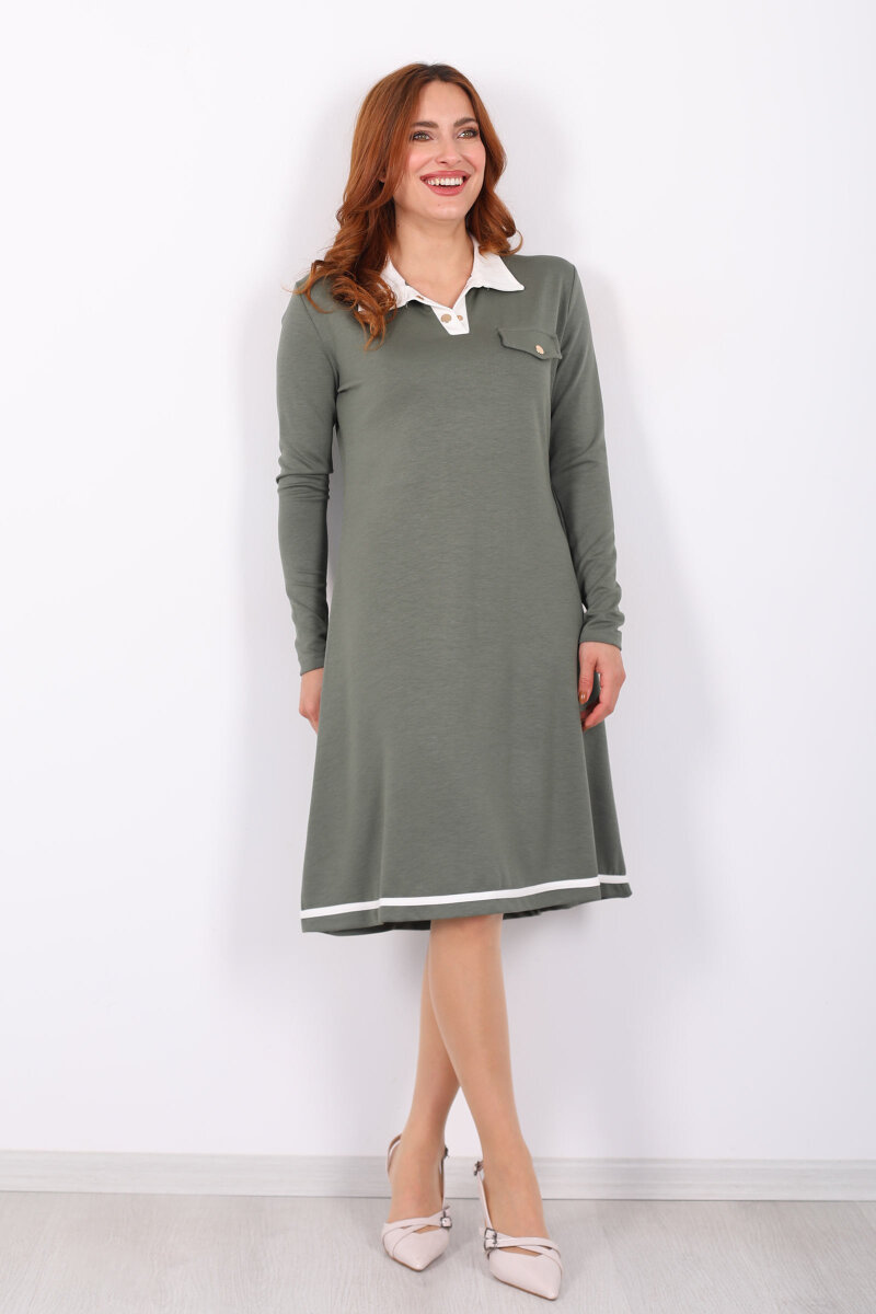 Polo Yaka Çağla Yeşili Kadın Çıtçıtlı Elbise - 6