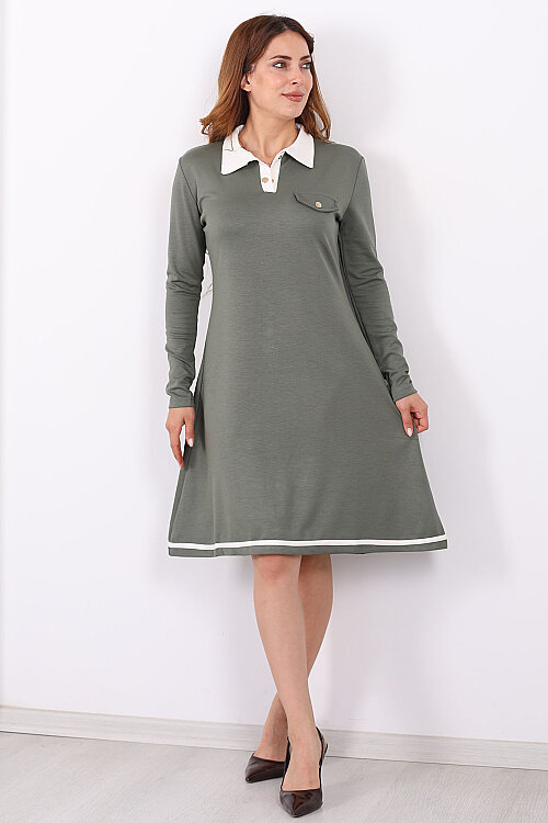 Polo Yaka Çağla Yeşili Kadın Çıtçıtlı Elbise - 3